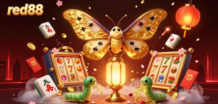 Engage with red88's vibrant casino world featuring golden slot symbols, captivating characters, and festive elements.