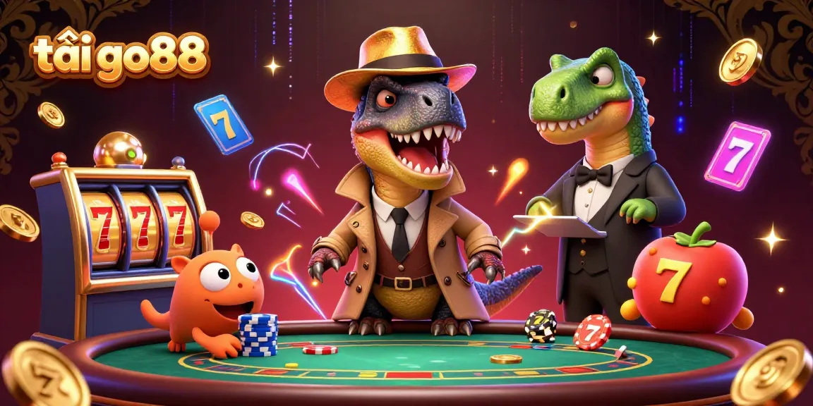 Experience the thrill of gaming with tải go88 as a velociraptor tries to blend in at a blackjack table in a detailed 3D illustration.