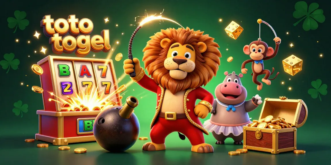 Experience thrilling toto togel action with vibrant slot machines, lucky symbols, and playful characters in a dynamic scene.