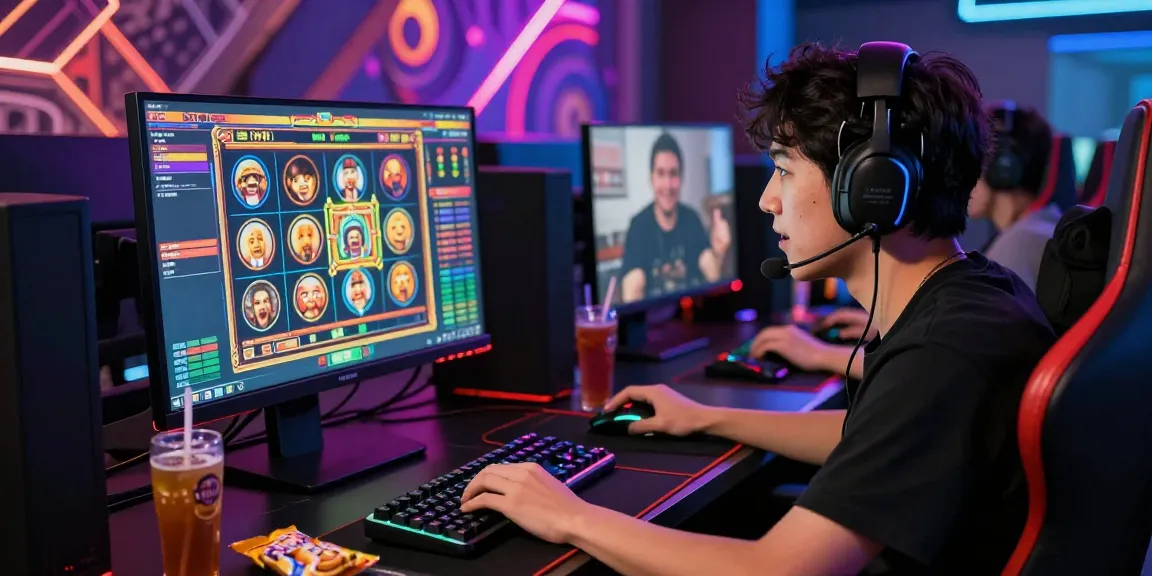 Ayamtoto pemain slot online bersemangat di meja gaming dengan monitor, headset, dan camilan.