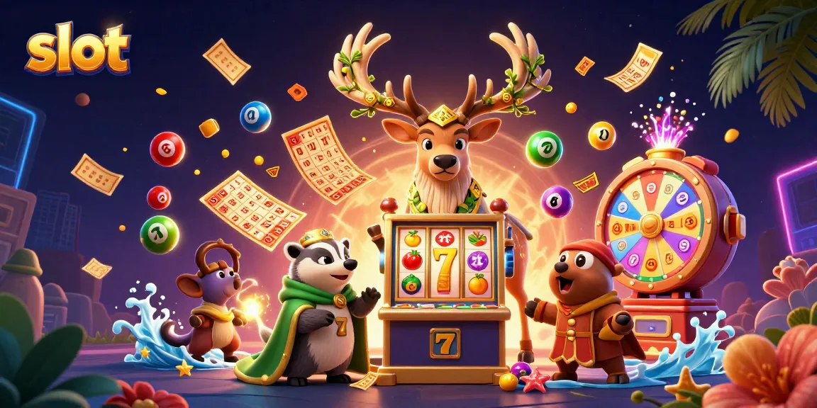 Slot menarik dengan simbol buah dan jackpot dikelilingi makhluk sihir, memadukan suasana permainan daring.