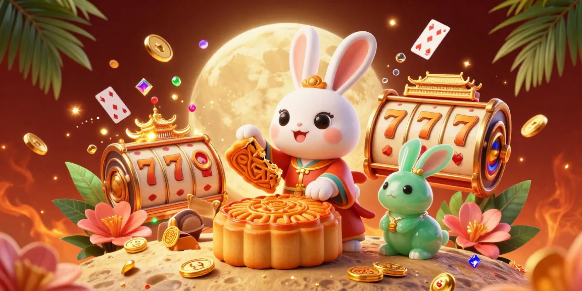 Experience thrilling gaming with iwin club's enchanting moon rabbit illustration, featuring vibrant slot elements.