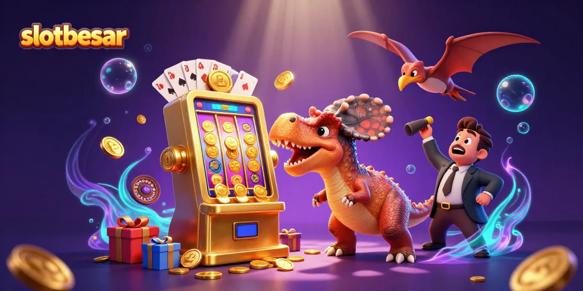 Engage with slotbesar as a dinosaur headbutts a golden slot machine, triggering a jackpot.
