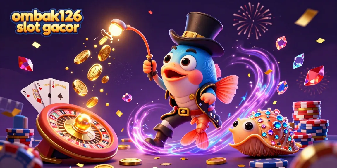 Experience the excitement of ombak126 slot gacor with a vibrant 3D casino illustration showcasing golden coins and gemstones.