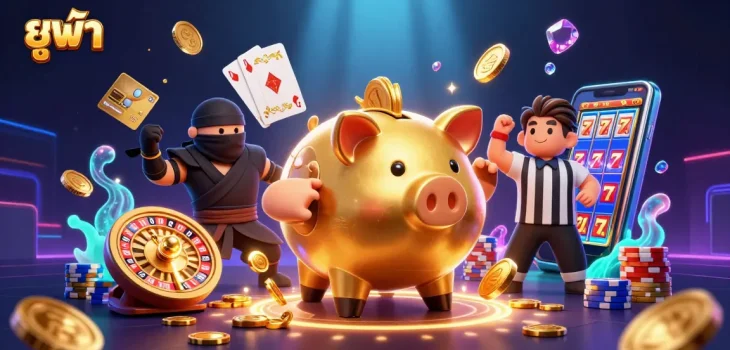 Engage with ยูฟ่า's thrilling gaming experience featuring energetic characters amidst dynamic casino elements.
