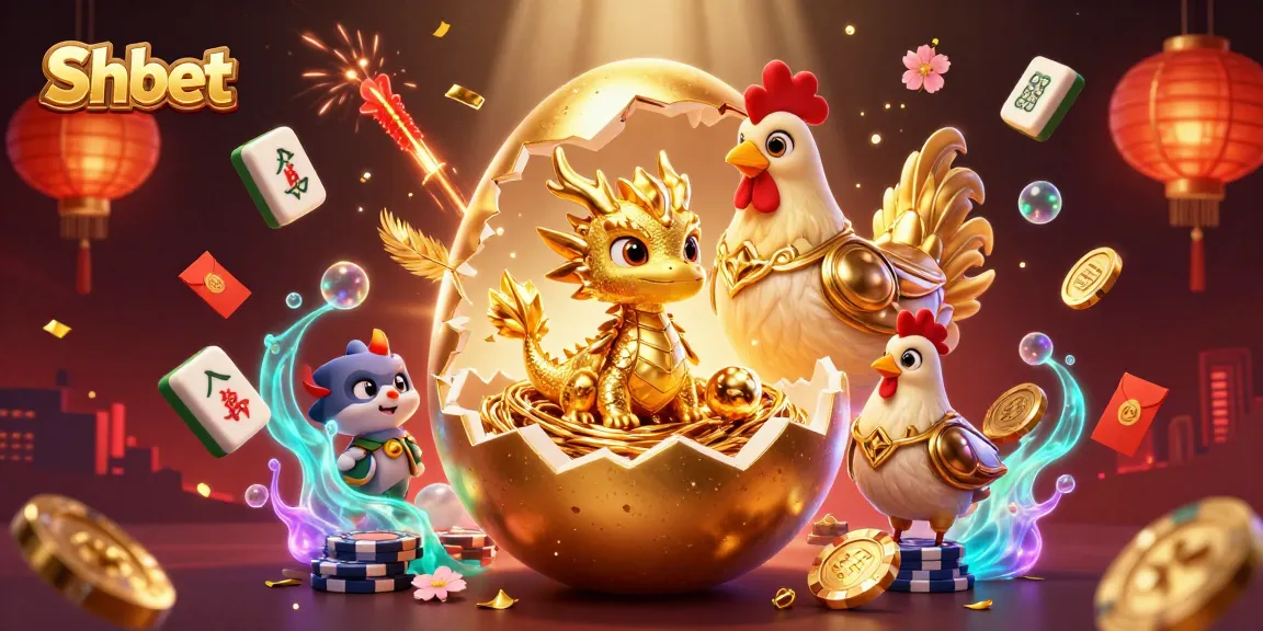Shbet reveals winning opportunities with a golden egg dragon amidst poker chips and festive elements.