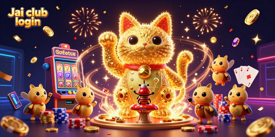 Engage in thrilling games with Jai club login featuring a vibrant lucky cat and dazzling casino elements.