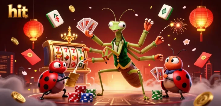 Hit the jackpot with vibrant slot game action featuring a cartoon mantis and ladybug in a lively casino scene.
