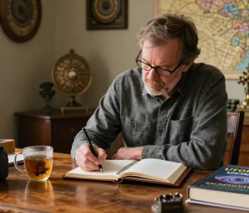 T. Allen Greenfield writing at a vintage desk, surrounded by books on spirituality and UFOs, reflecting on his award-winning work, with a warm and inviting atmosphere.