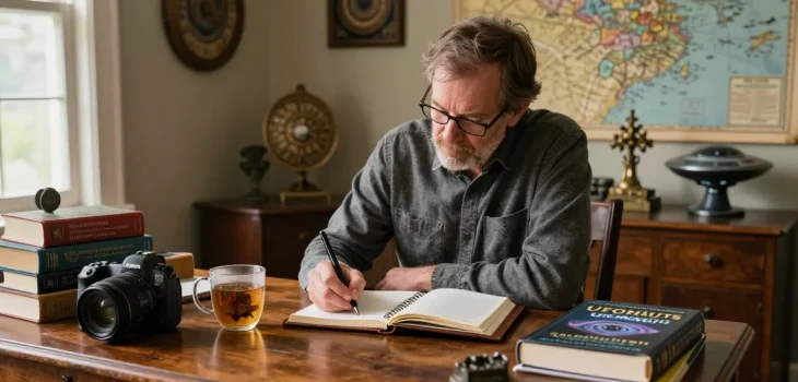 T. Allen Greenfield writing at a vintage desk, surrounded by books on spirituality and UFOs, reflecting on his award-winning work, with a warm and inviting atmosphere.