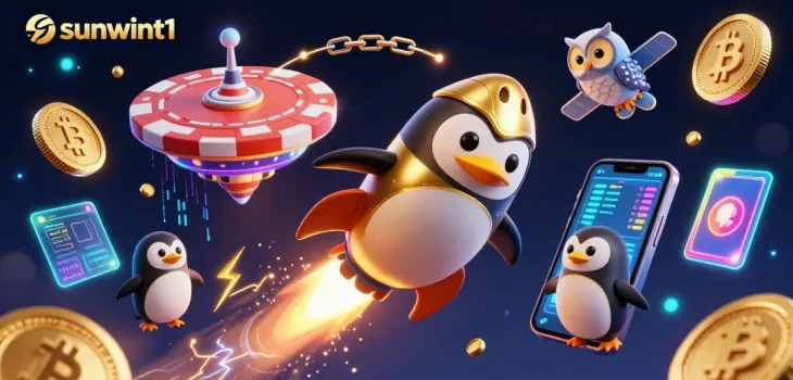 sunwint1 propels a golden penguin through space towards a casino chip station amidst glowing cryptocurrencies.