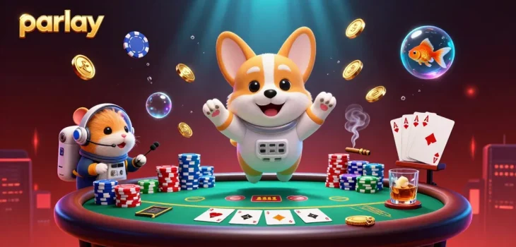 Engage in parlay betting with a dynamic scene of a casino in space, showcasing colorful poker elements.