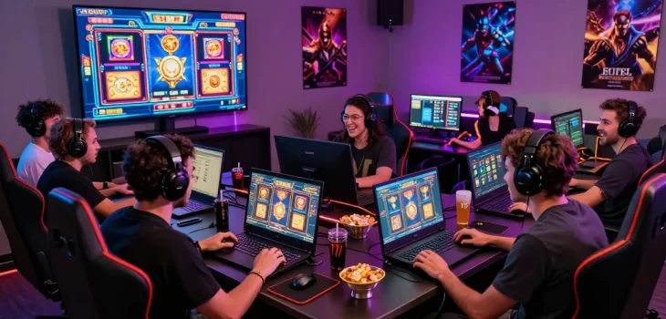 Engaged gamers at https://gravatar.com/playbook88official discussing high-RTP slot games in a vibrant setting.