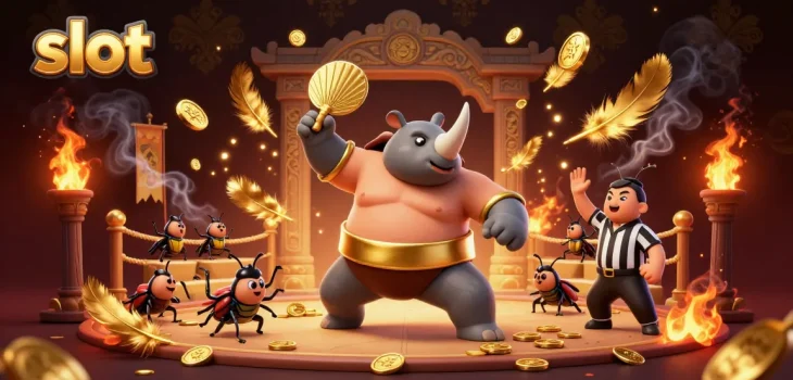 Experience thrilling slot action with vibrant 3D beetle champions battling amidst dazzling gold.