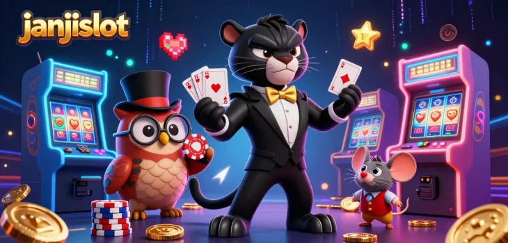 Join the excitement at janjislot with a stylish panther dealing cards in a vibrant casino scene.