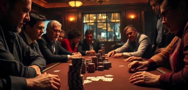 Barudak78 menunjukkan adegan permainan poker di kasino dengan pemain fokus dan suasana tegang.