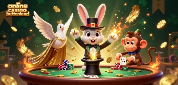 Experience the excitement of online casino buitenland with a magical scene featuring a magician rabbit, glamorous dove, and mischievous monkey.