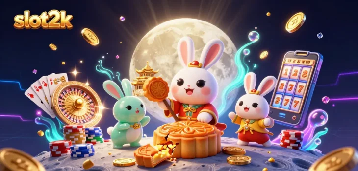 Spin the reels on slot2k, where a moon rabbit breaks golden mooncakes revealing poker chips amidst vibrant casino elements.