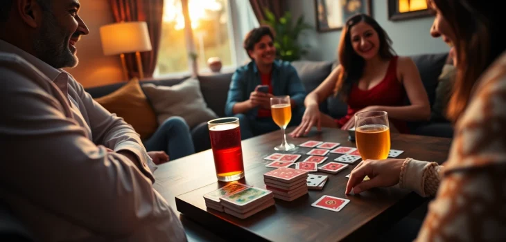 Engaging players enjoying Yono Rummy in a warm living room setting with colorful cards.