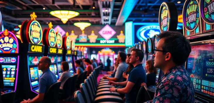 Putaran slot gacor hari ini dengan lampu menyala dan pemain yang antusias di kasino.