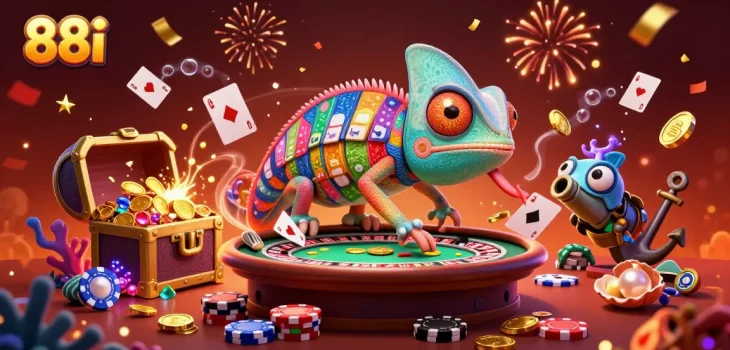 Engage with 88i's dynamic casino scene featuring a chameleon owner, roulette and poker action!