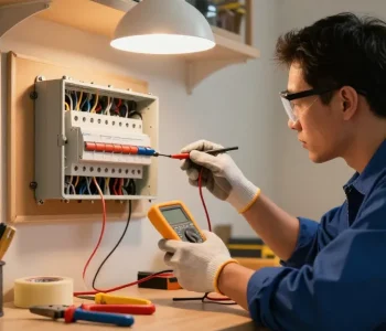 why certification matters when choosing an electrician: Professional electrician inspecting wiring with safety gear in warm, inviting workspace.