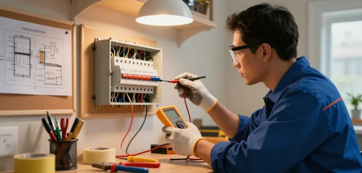 why certification matters when choosing an electrician: Professional electrician inspecting wiring with safety gear in warm, inviting workspace.