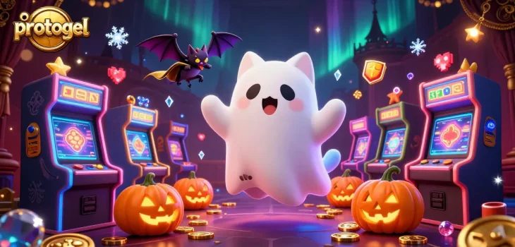 Experience thrilling gambling adventures with protogel in this vibrant haunted casino illustration.