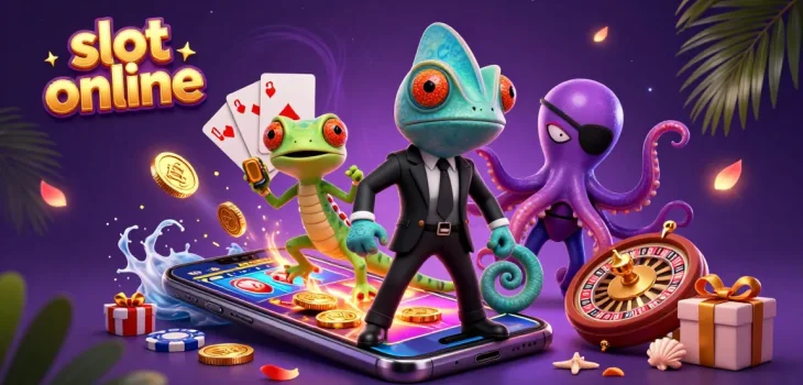 Experience the excitement of slot online as vibrant characters play amidst gleaming coins and games.