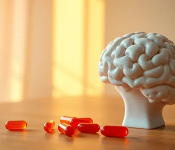 Enhance cognitive health with astaxanthin capsules beside a brain model.
