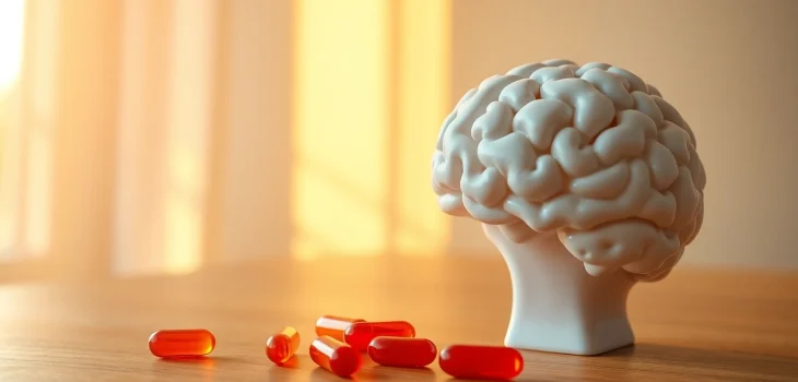 Enhance cognitive health with astaxanthin capsules beside a brain model.