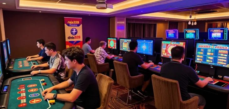 Engaged players enjoying various games at the raja328 live casino, showcasing a vibrant online gaming atmosphere with high-tech graphics and excitement.