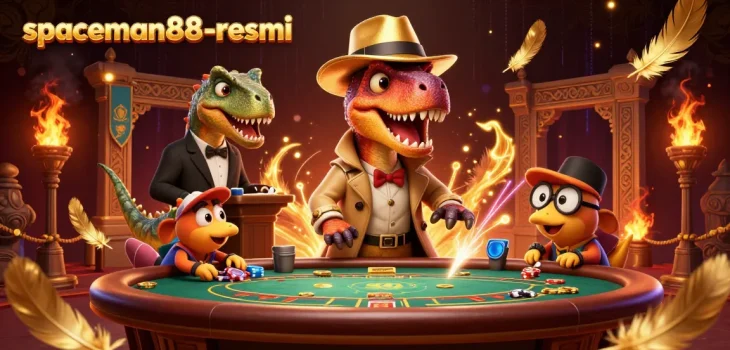 Experience the thrill of gameplay at spaceman88-resmi with a cartoon velociraptor card counter at a blackjack table.