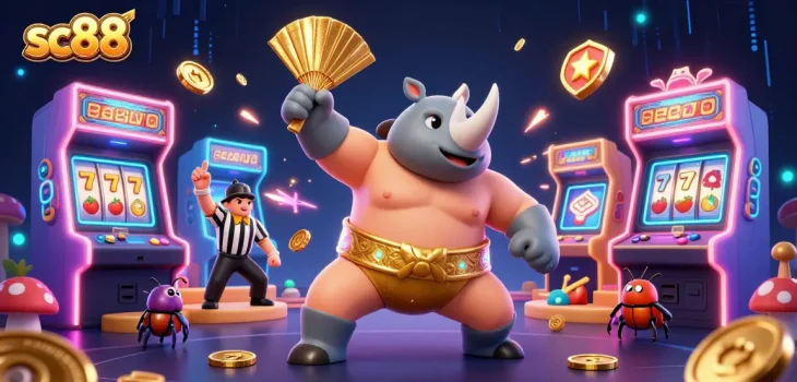 Experience unique gaming excitement with sc88 as a sumo beetle champion stomps golden coins in a busy arcade.