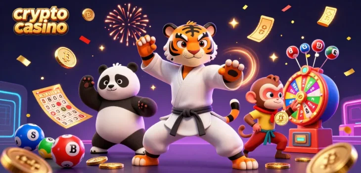 Jouez dans un crypto casino avec une scène animée de tigre kung fu, panda, et singe, entourés de pièces de cryptomonnaie et de jeux.